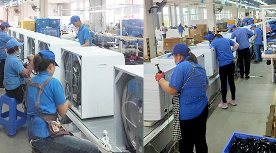 裝配車間忙碌地開展澳洲客戶滾筒衣服烘干機生產工作